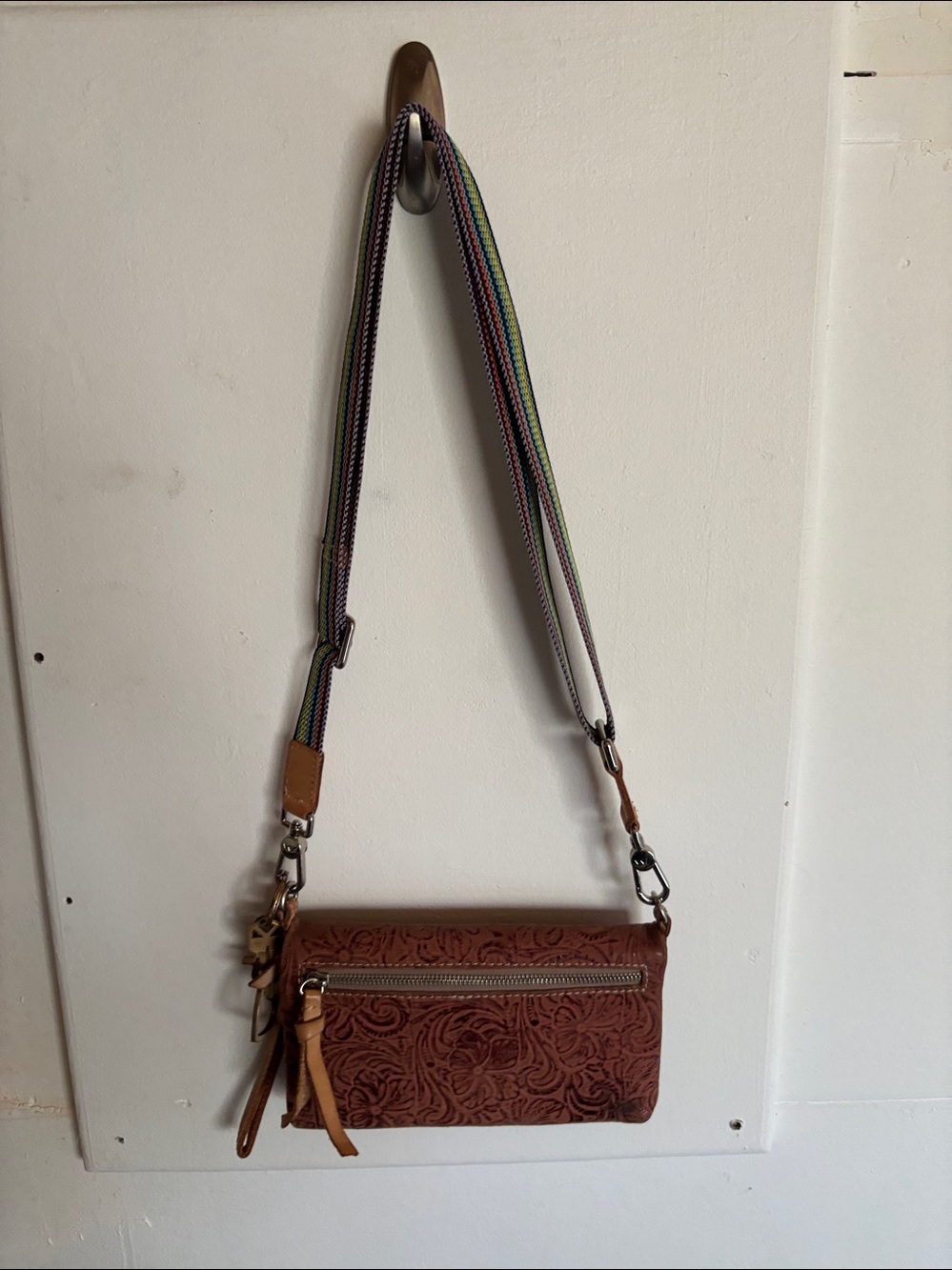 Consuela Embossed Brown Leather Crossbody with Multicolor Strap - Picture 3 of 3